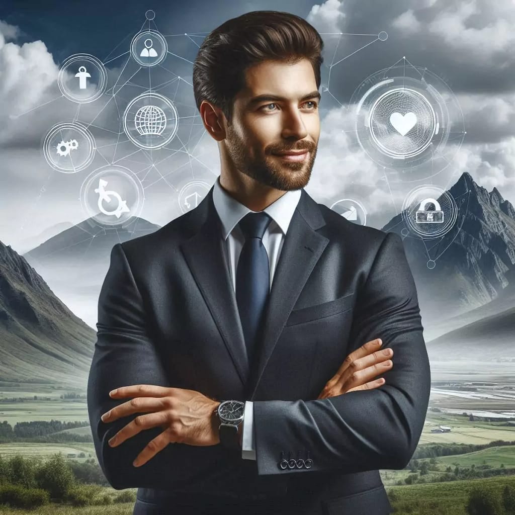 Content-Marketing für IT-Unternehmen: Mit Thought Leadership Vertrauen gewinnen Businessmann im Anzug vor Berglandschaft mit digitalen Symbolen für Innovation, Sicherheit und Kommunikation – Illustration für Thought Leadership im Content-Marketing für IT.