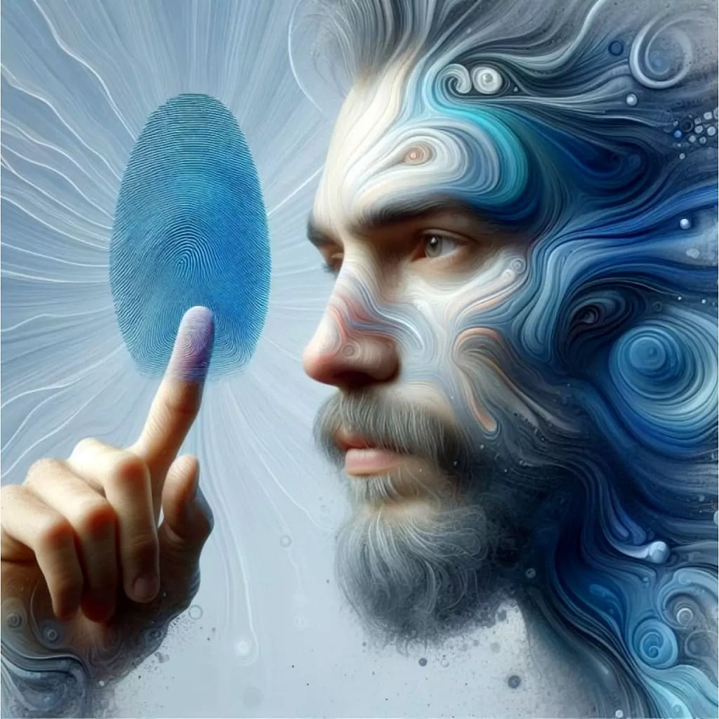 SEO für Google im KI-Zeitalter Die Illustration zeigt ein digitales Porträt mit fließenden Strukturen, das die Verbindung zwischen Mensch und Technologie symbolisiert. Im Fokus steht ein Fingerabdruck, der als Sinnbild für personalisierte Daten in der Welt von KI und SEO für Google steht.