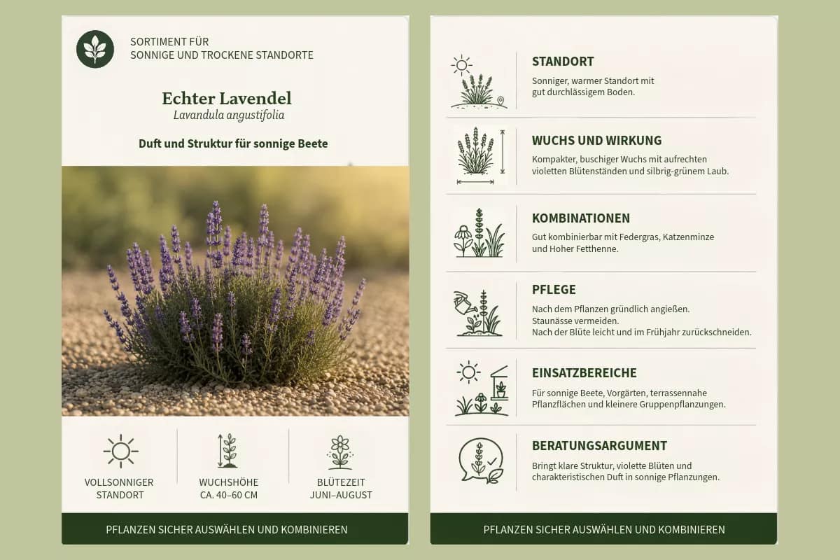 Kanalübergreifende Kommunikation für ein trockenheitsverträgliches Pflanzensortiment Vorder- und Rückseite einer Pflanzen- und Beratungskarte für Echten Lavendel mit Pflanzenfoto und kompakten Informationen zu Standort, Wuchs, Kombinationen, Pflege und Einsatzbereichen.