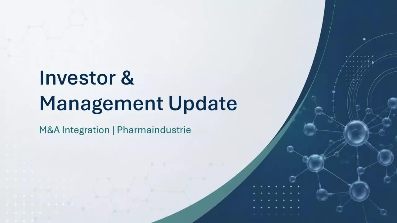 Investor & Management Update für eine M&A-Integration in der Pharmaindustrie Titelfolie einer Investor- und Management-PowerPoint-Präsentation zur M&A-Integration in der Pharmaindustrie.