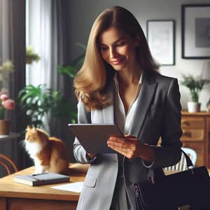 Blog Eine Frau in geschäftsmäßigem Outfit sitzt in einem hellen Home Office und schaut mit einem leichten Lächeln auf ein Tablet. Das Bild vermittelt, wie durchdachter UX-Content eine angenehme, intuitive Nutzererfahrung unterstützt.