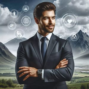 Blog Businessmann im Anzug vor Berglandschaft mit digitalen Symbolen für Innovation, Sicherheit und Kommunikation – Illustration für Thought Leadership im Content-Marketing für IT.