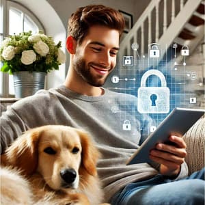 Blog Ein Mann sitzt entspannt mit Hund auf dem Sofa und nutzt ein Tablet, während digitale Sicherheitssymbole erscheinen, als visuelle Darstellung von Webcontent für IT-Unternehmen.