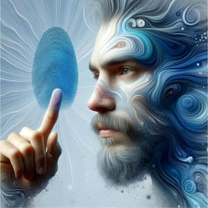 Blog Die Illustration zeigt ein digitales Porträt mit fließenden Strukturen, das die Verbindung zwischen Mensch und Technologie symbolisiert. Im Fokus steht ein Fingerabdruck, der als Sinnbild für personalisierte Daten in der Welt von KI und SEO für Google steht.