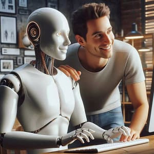 Blog Mensch und humanoider Roboter arbeiten lächelnd gemeinsam an einem Computer – symbolische Darstellung für SEO für ChatGPT