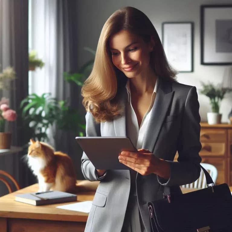 UX-Texte für gute Nutzerführung Eine Frau in geschäftsmäßigem Outfit sitzt in einem hellen Home Office und schaut mit einem leichten Lächeln auf ein Tablet. Das Bild vermittelt, wie durchdachter UX-Content eine angenehme, intuitive Nutzererfahrung unterstützt.